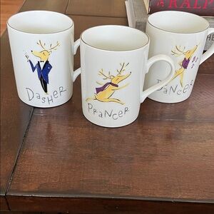 Pottery Barn Reindeer Mug Set - White with Purple and Blue Accents